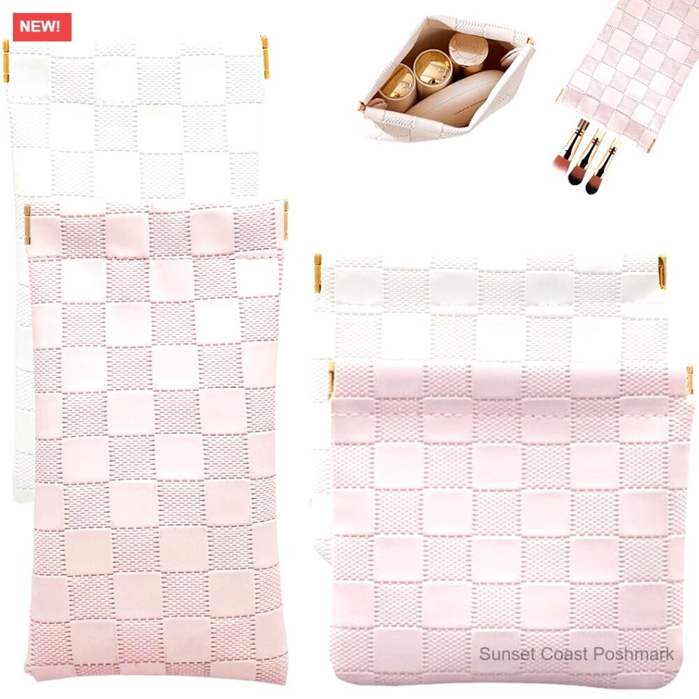 Mini Leather Cosmetic Bag Set Waterproof No Zipper Snap Closure Travel Organizer